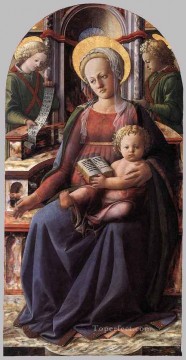 フラ・フィリッポ・リッピ Painting - 二人の天使とともに即位する聖母子 ルネサンス フィリッポ・リッピ